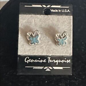 Genuine Turquoise Teal Blue Enamel Butterfly Small Earrings Studs